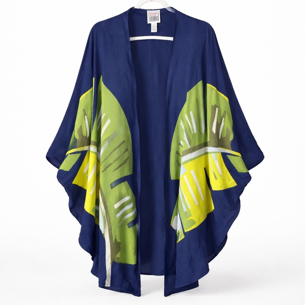 Very Vollbracht Navy Blue Tropical Palm Leaf Kimono Cardigan‎ One Size Missy